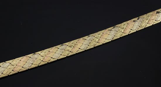 An Italian 18ct three colour gold bracelet, 7.25in.